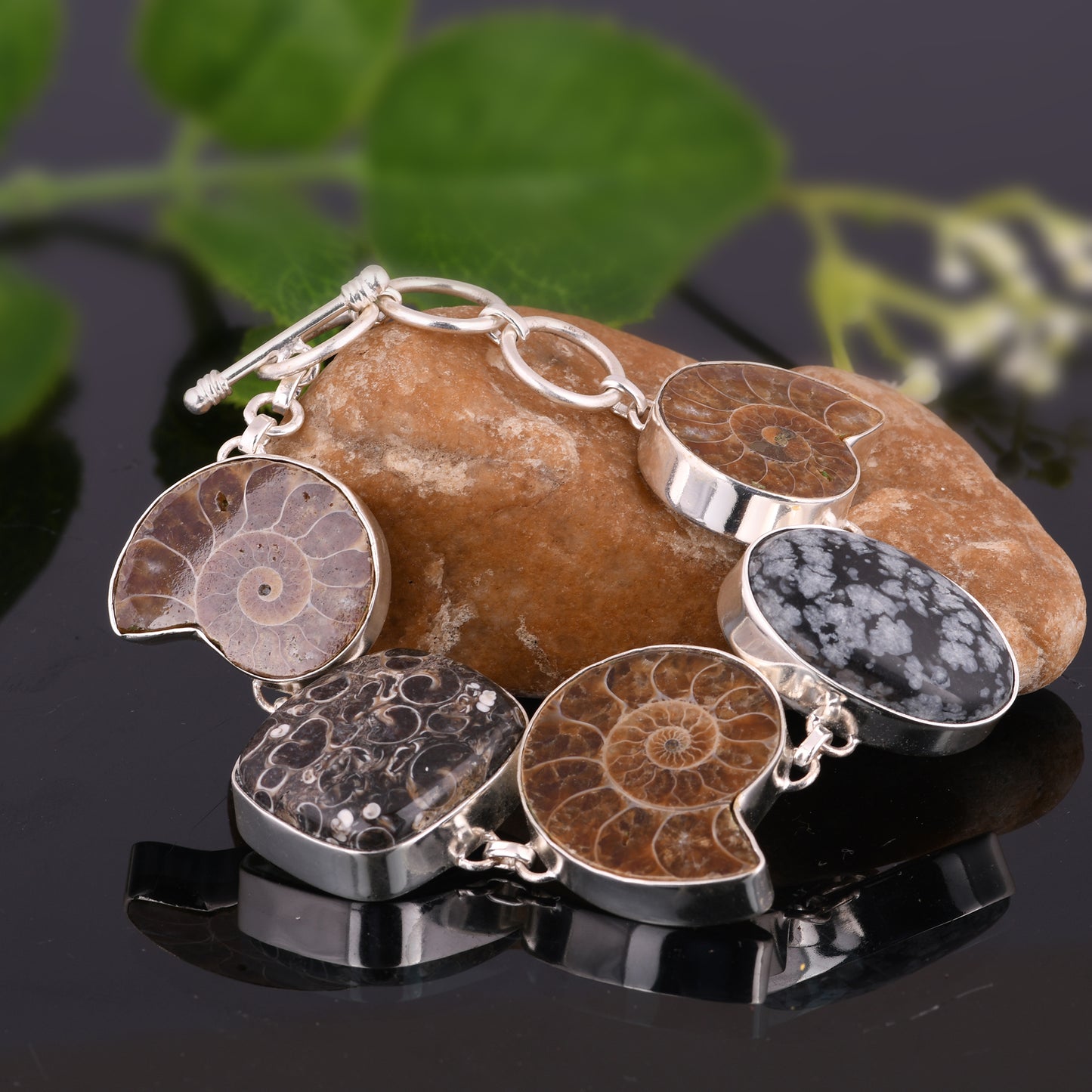 Snowflake Obsidian, Ammonite & Turritella 925 Silver Bracelet