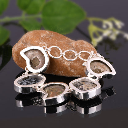 Snowflake Obsidian, Ammonite & Turritella 925 Silver Bracelet