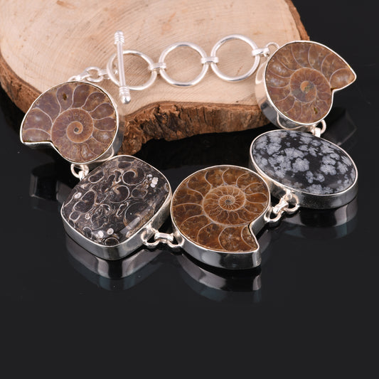 Snowflake Obsidian, Ammonite & Turritella 925 Silver Bracelet