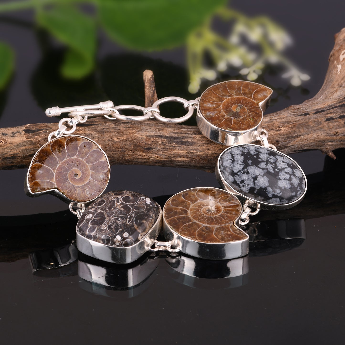Snowflake Obsidian, Ammonite & Turritella 925 Silver Bracelet