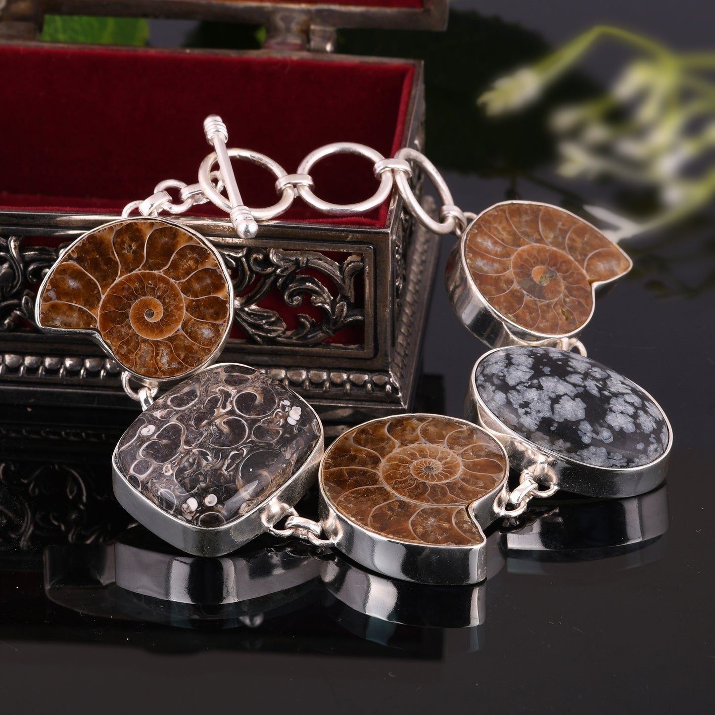 Snowflake Obsidian, Ammonite & Turritella 925 Silver Bracelet