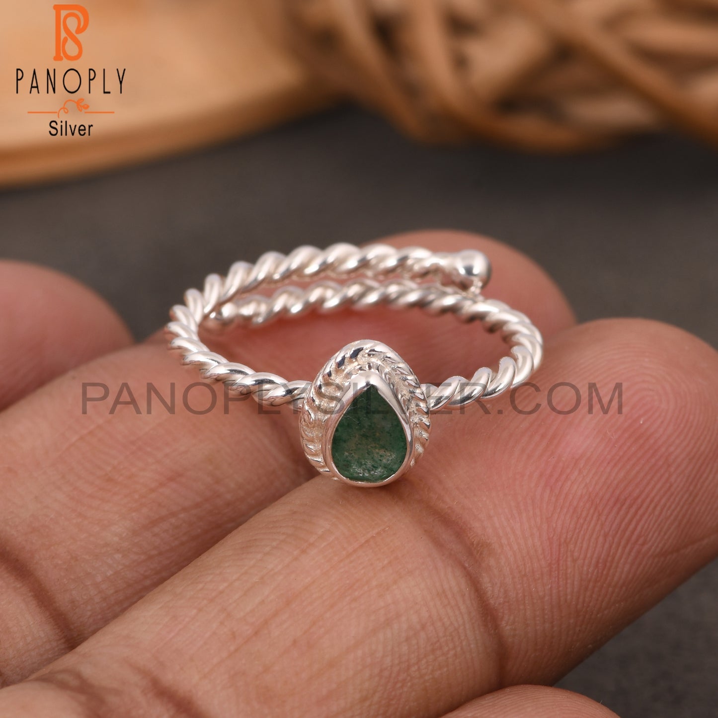 Green Strawberry Quartz Pear Shape 925 Sterling Silver Ring
