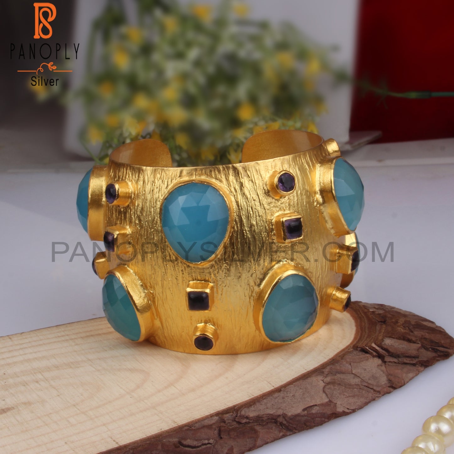 22k Gold Plated 925 Silver Blue Chalcedony Cuff Bangle