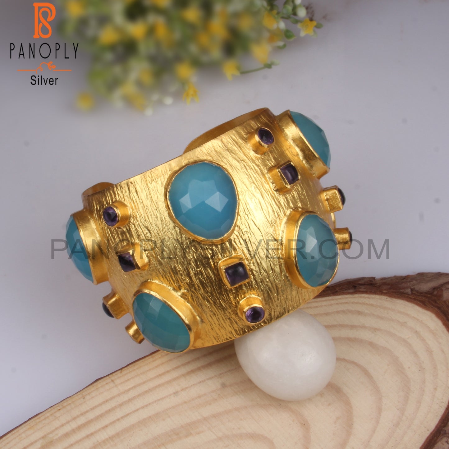 22k Gold Plated 925 Silver Blue Chalcedony Cuff Bangle