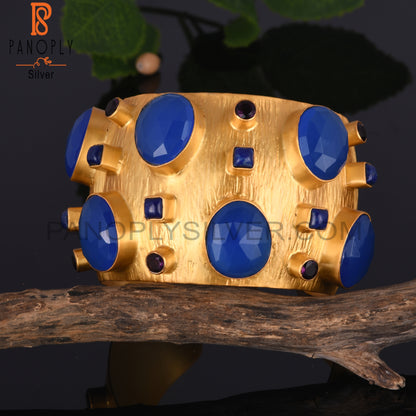 22K Gold Plated Blue Chalcedony And Amethyst Cuff Bracelets