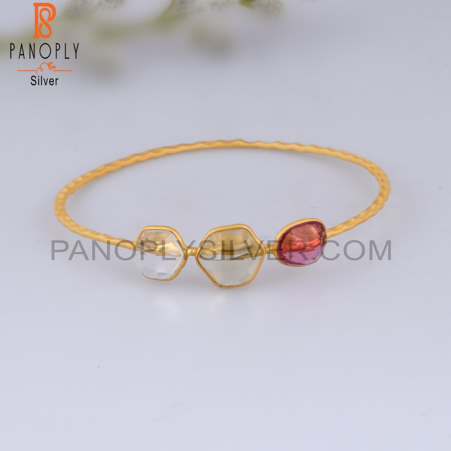 18K Gold Plated 925 Quality Hammered Bangle With Crystal Quartz