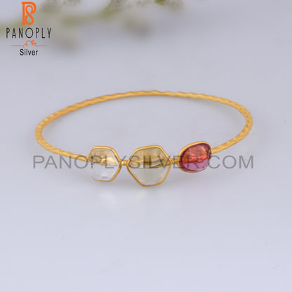 18K Gold Plated 925 Quality Hammered Bangle With Crystal Quartz