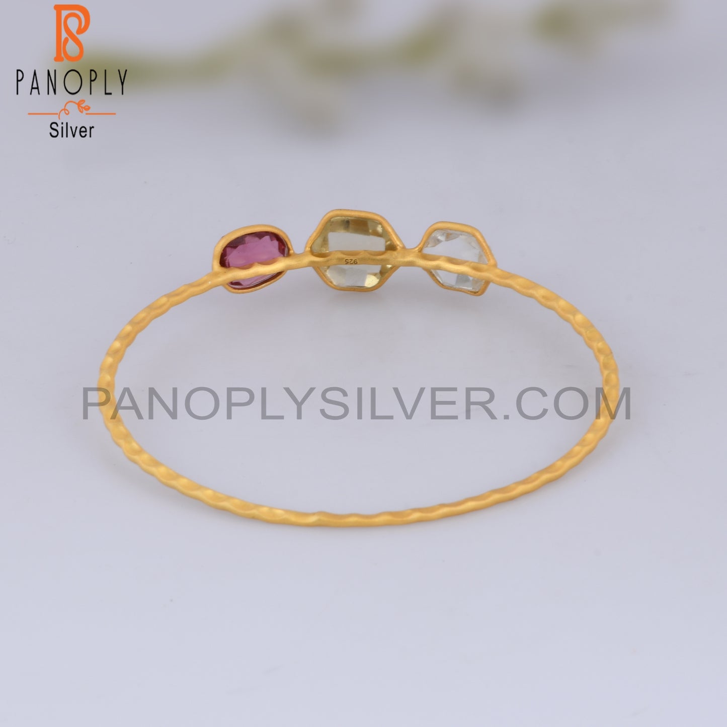 18K Gold Plated 925 Quality Hammered Bangle With Crystal Quartz