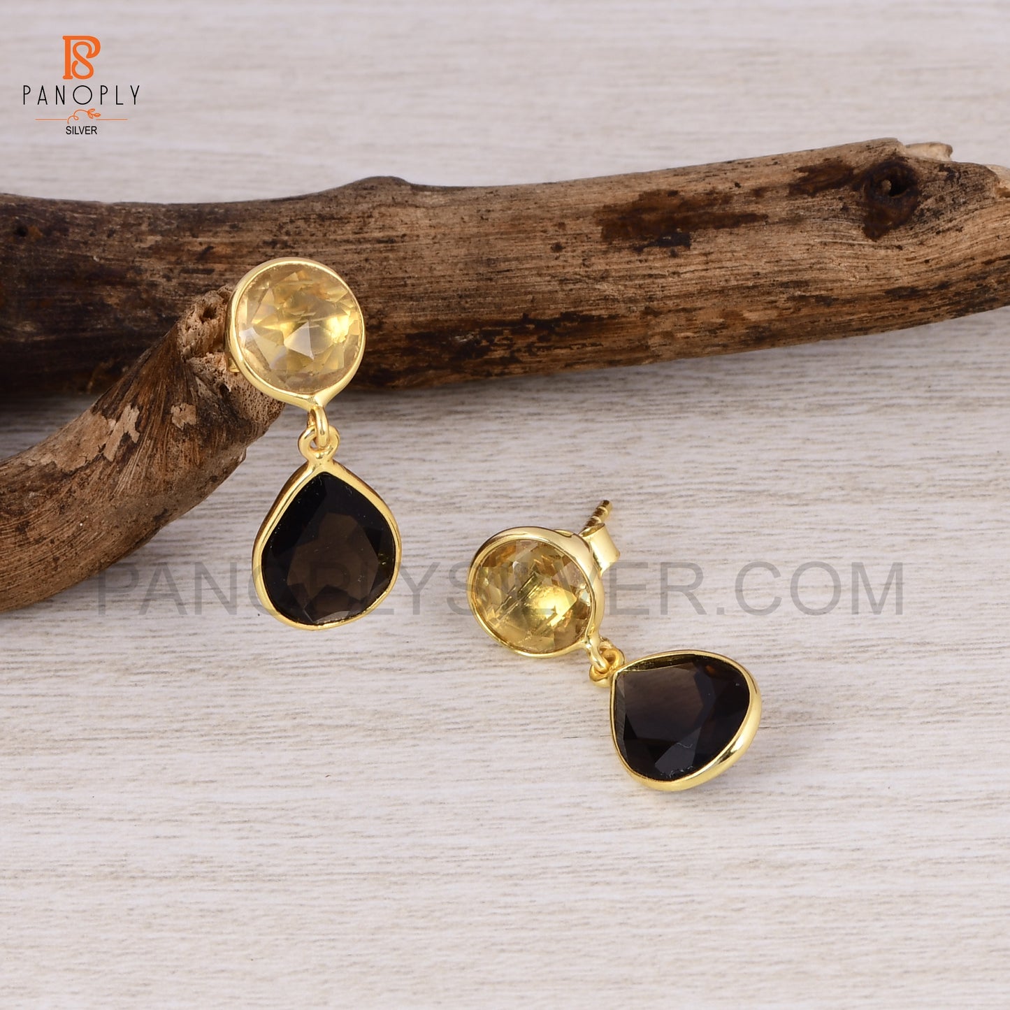 Natural Citrine & Smoky Quartz Drop Earrings in Sterling Silver