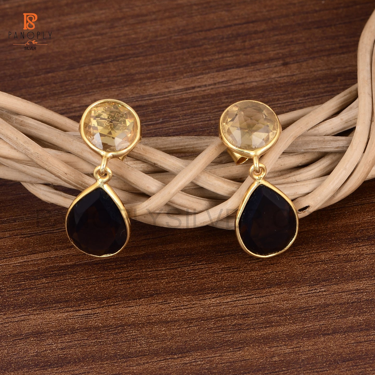 Natural Citrine & Smoky Quartz Drop Earrings in Sterling Silver