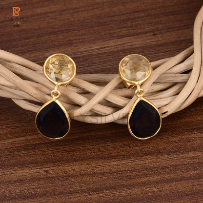 Natural Citrine & Smoky Quartz Drop Earrings in Sterling Silver