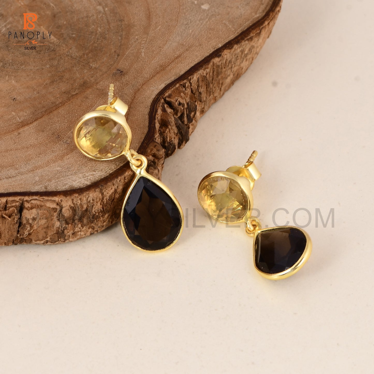 Natural Citrine & Smoky Quartz Drop Earrings in Sterling Silver