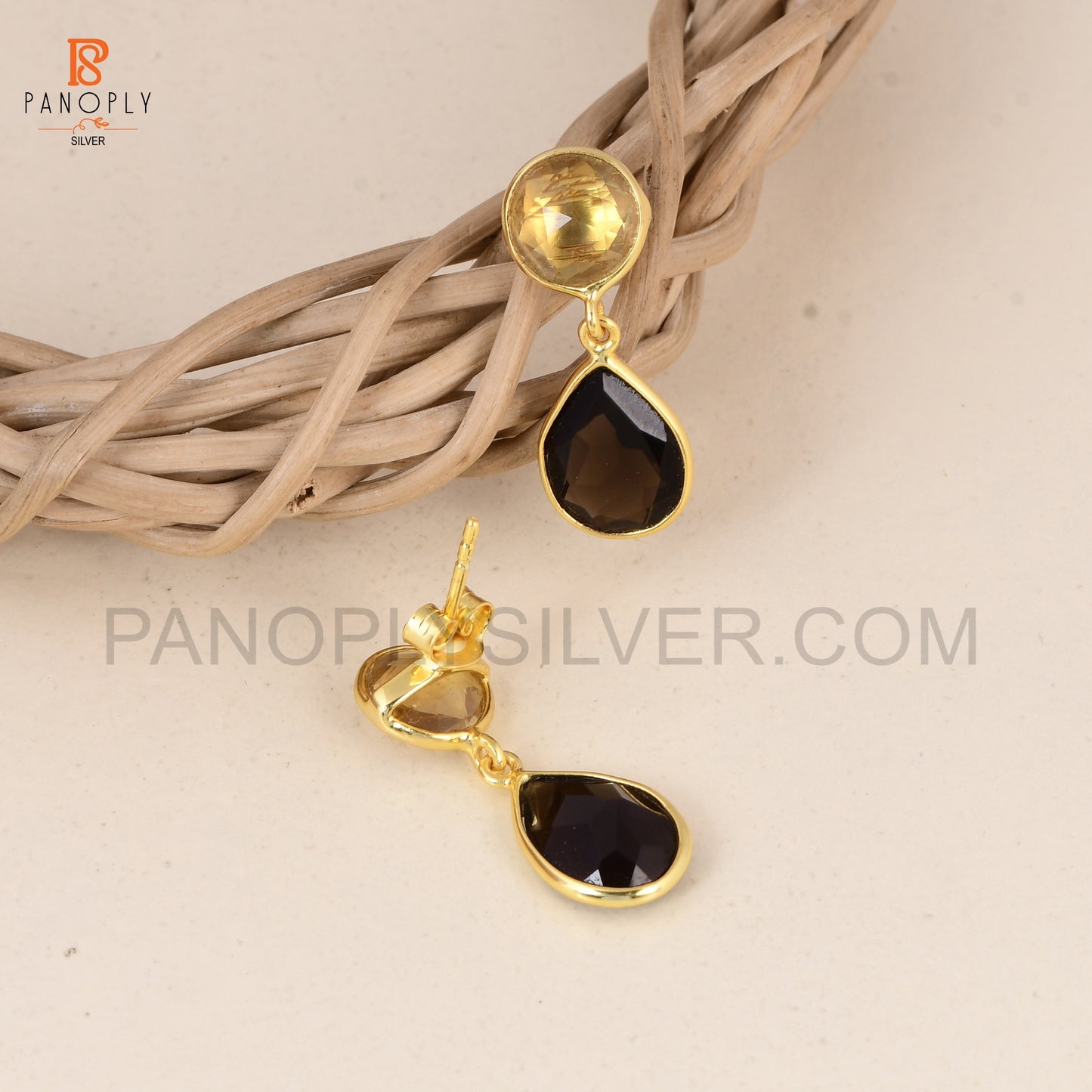 Natural Citrine & Smoky Quartz Drop Earrings in Sterling Silver