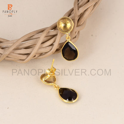 Natural Citrine & Smoky Quartz Drop Earrings in Sterling Silver