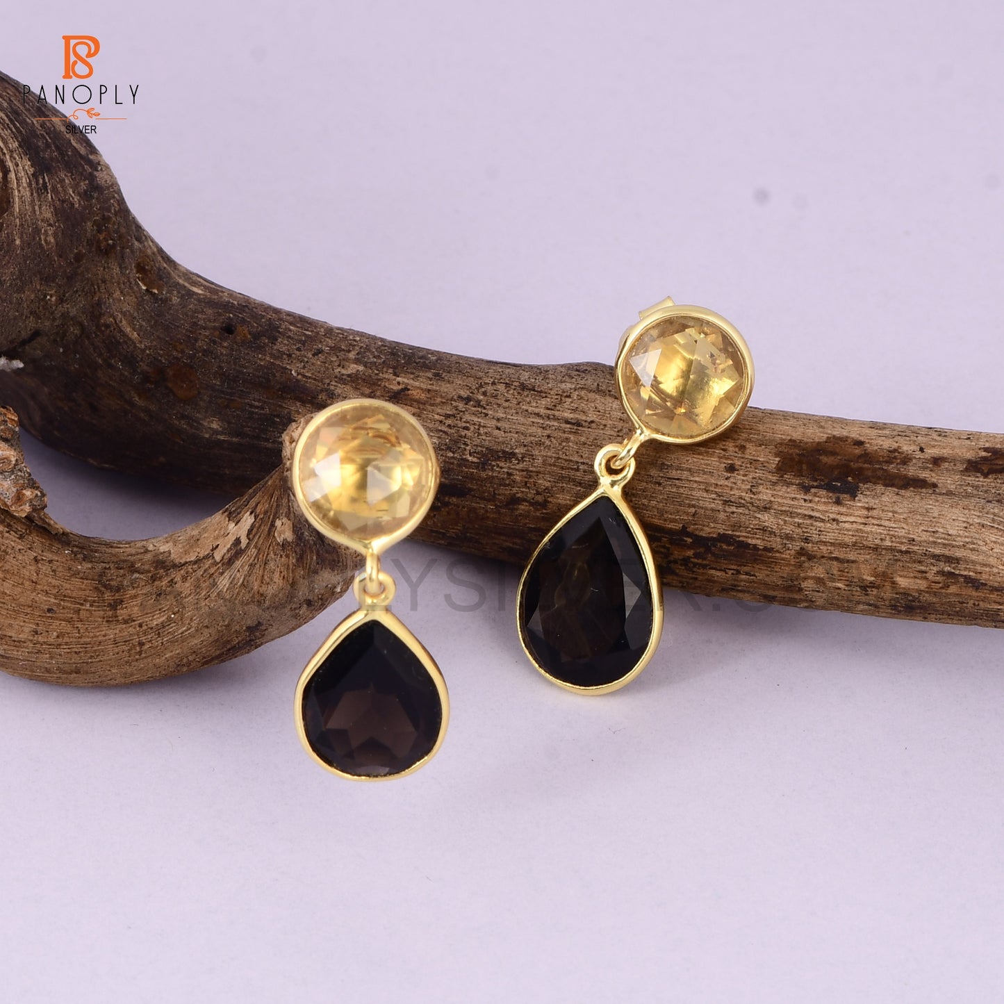 Natural Citrine & Smoky Quartz Drop Earrings in Sterling Silver