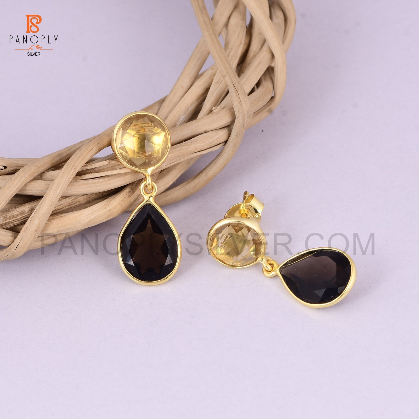 Natural Citrine & Smoky Quartz Drop Earrings in Sterling Silver