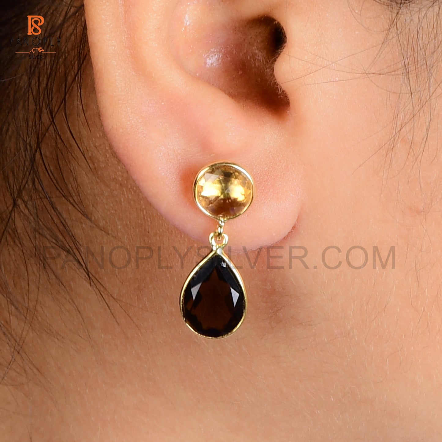 Natural Citrine & Smoky Quartz Drop Earrings in Sterling Silver