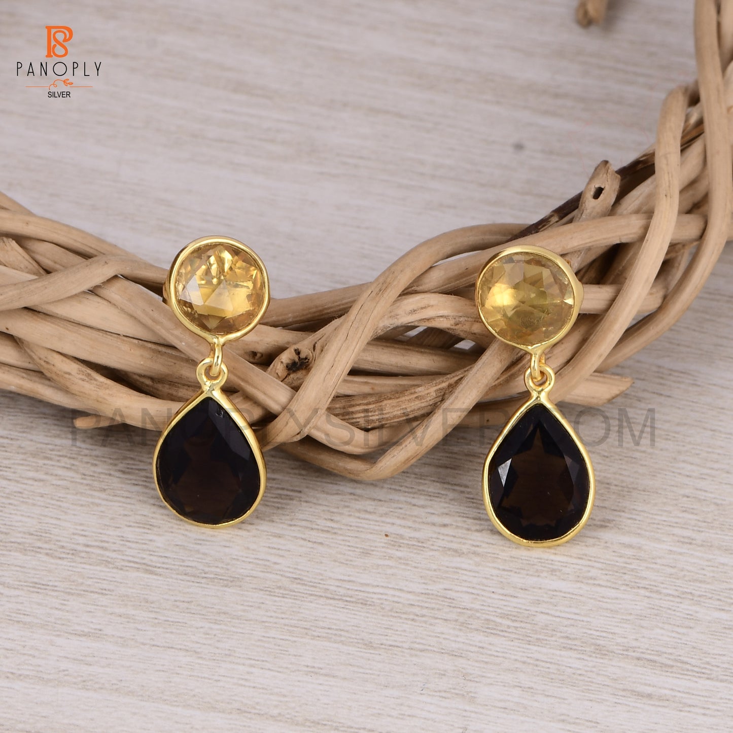 Natural Citrine & Smoky Quartz Drop Earrings in Sterling Silver