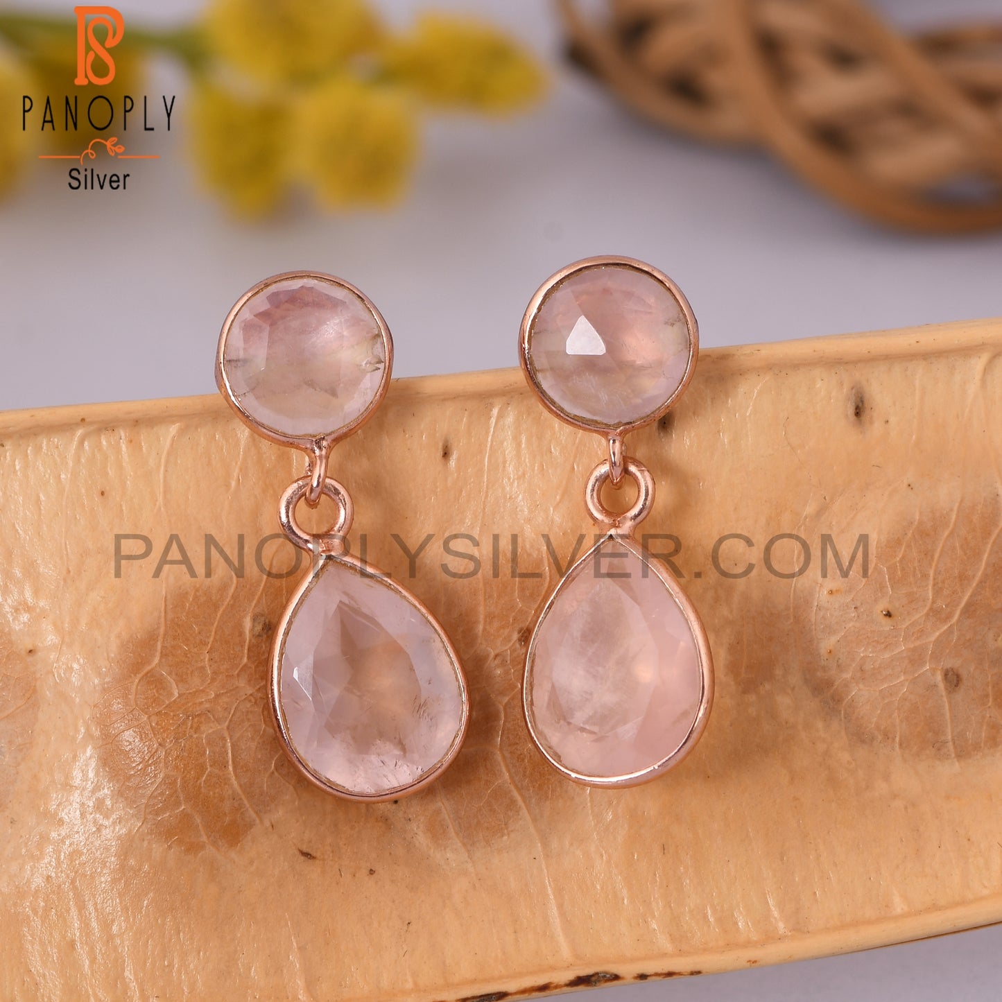 Two Stone 925 Silver Rose Quartz Silver Dangle Earrings