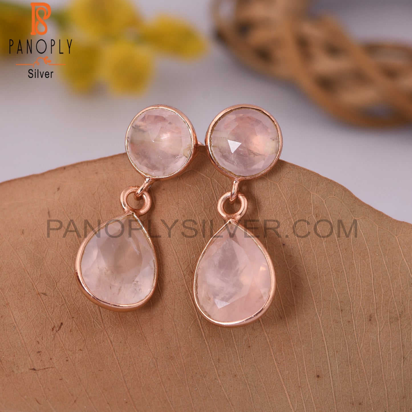 Two Stone 925 Silver Rose Quartz Silver Dangle Earrings