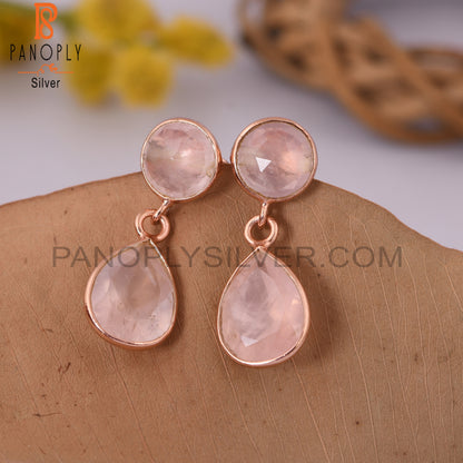 Two Stone 925 Silver Rose Quartz Silver Dangle Earrings