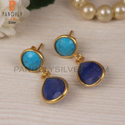 Turquoise Cultured & Lapis 925 Silver Bezel Gold Plated Earrings
