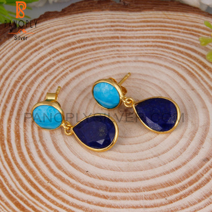 Turquoise Cultured & Lapis 925 Silver Bezel Gold Plated Earrings
