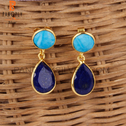 Turquoise Cultured & Lapis 925 Silver Bezel Gold Plated Earrings