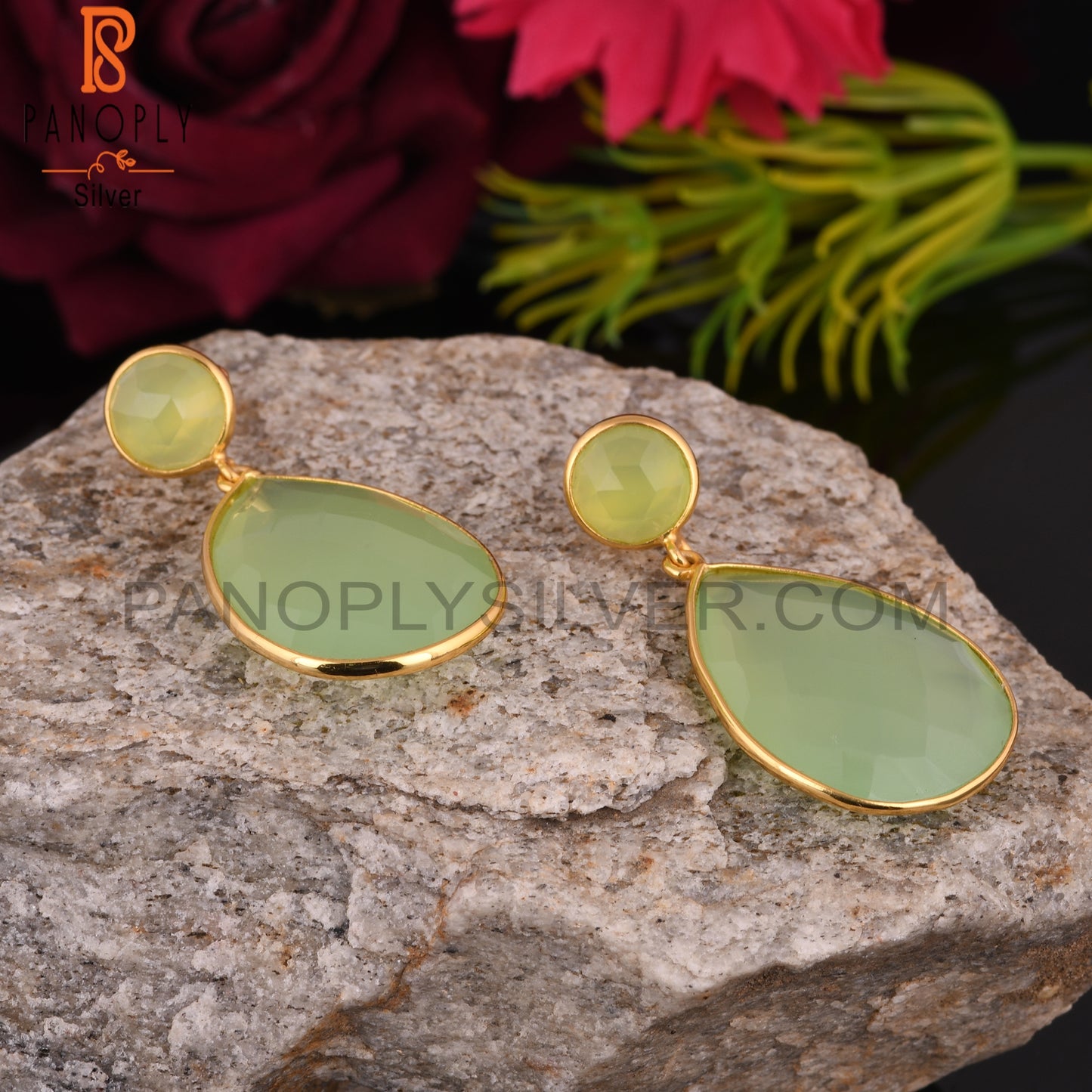 Gold Plated 925 Sterling Silver Bezel-Set Dangle Earrings