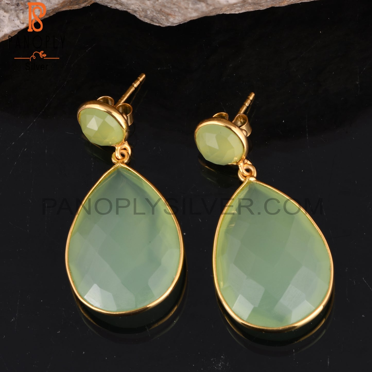 Gold Plated 925 Sterling Silver Bezel-Set Dangle Earrings