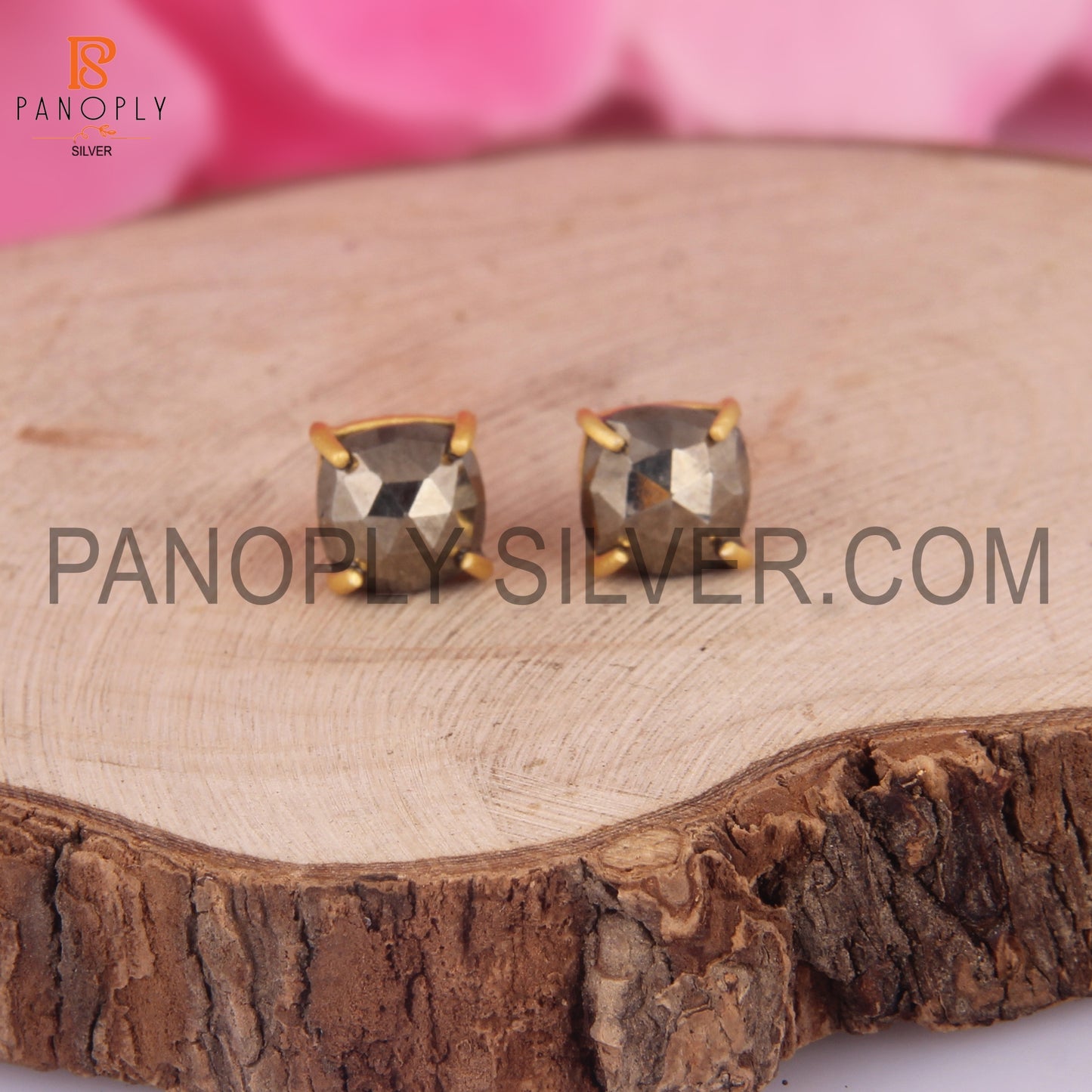 Gold Plated Pyrite Gemstone Stud Earrings Jewelry