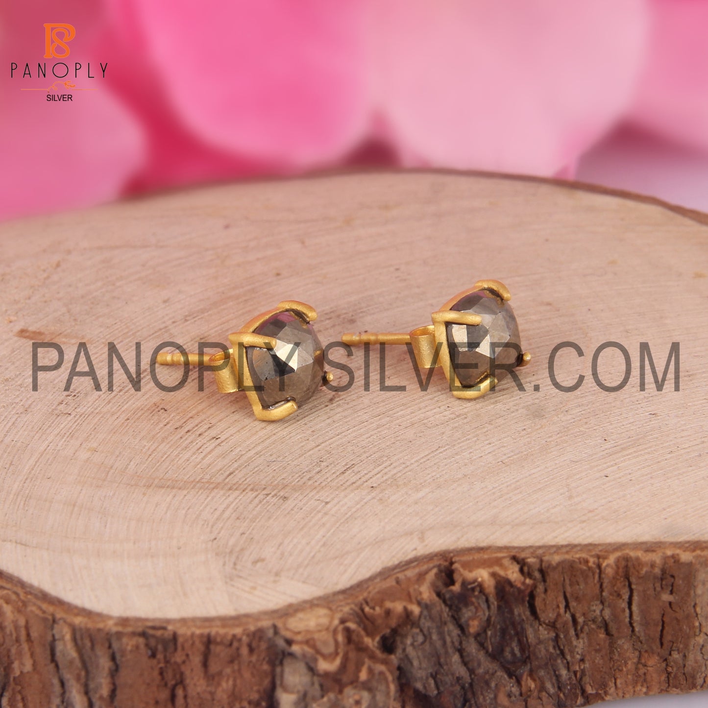 Gold Plated Pyrite Gemstone Stud Earrings Jewelry