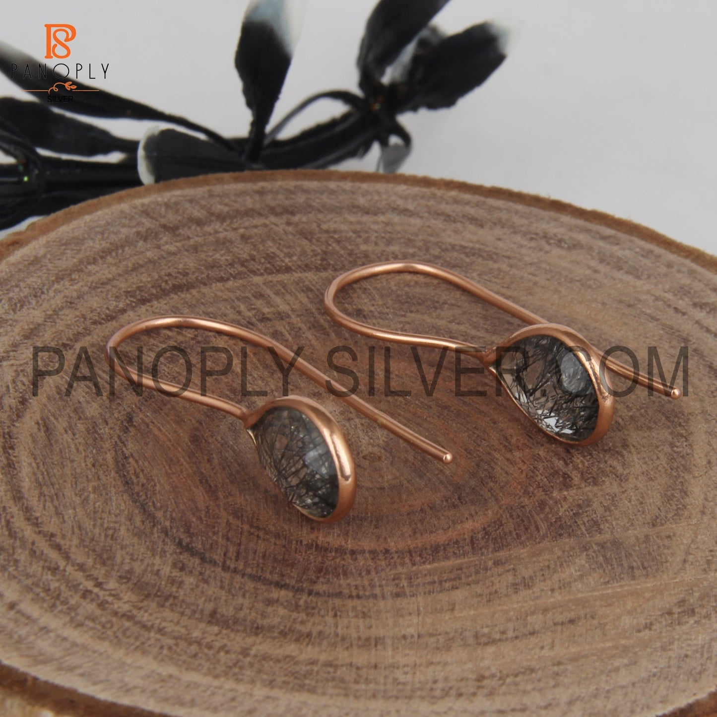 Black Rutile Rose Gold Plated Black Stone Earrings