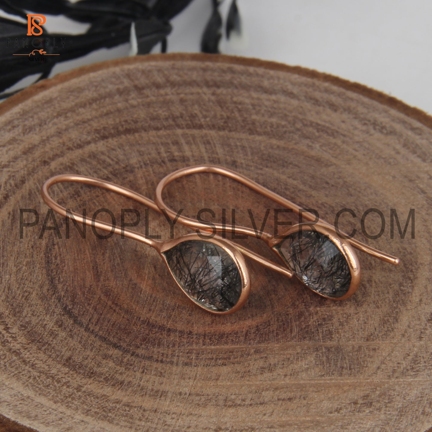 Black Rutile Rose Gold Plated Black Stone Earrings