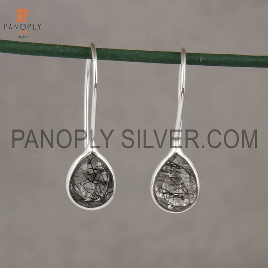 925 Sterling Silver Black Rutile Gem Hook Drop Earrings