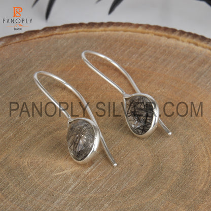 925 Sterling Silver Black Rutile Gem Hook Drop Earrings