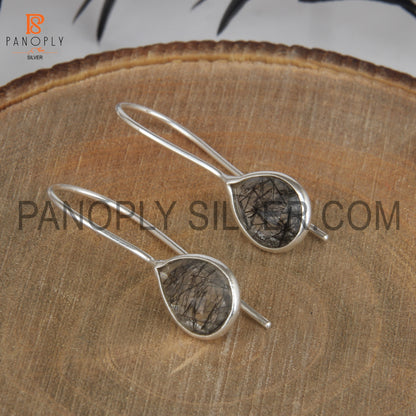 925 Sterling Silver Black Rutile Gem Hook Drop Earrings