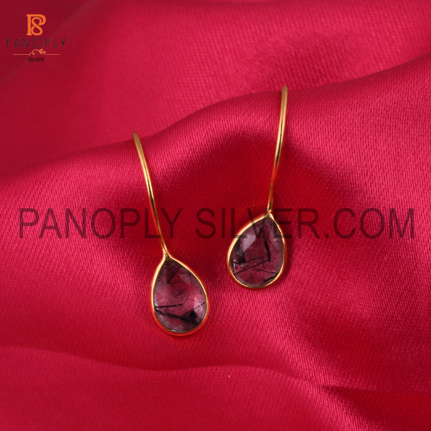Natural Black Rutile Gemstone Gold Earrings For Girls