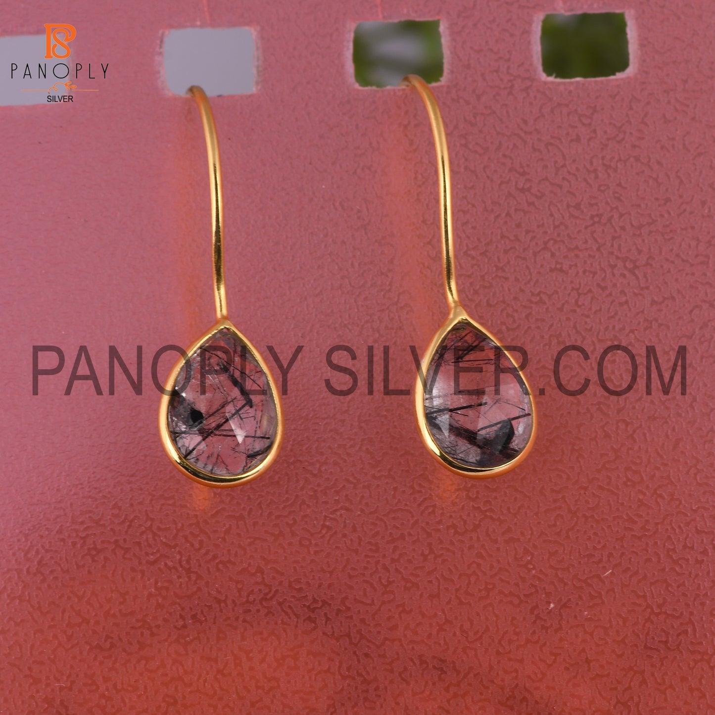 Natural Black Rutile Gemstone Gold Earrings For Girls