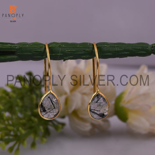 Natural Black Rutile Gemstone Gold Earrings For Girls
