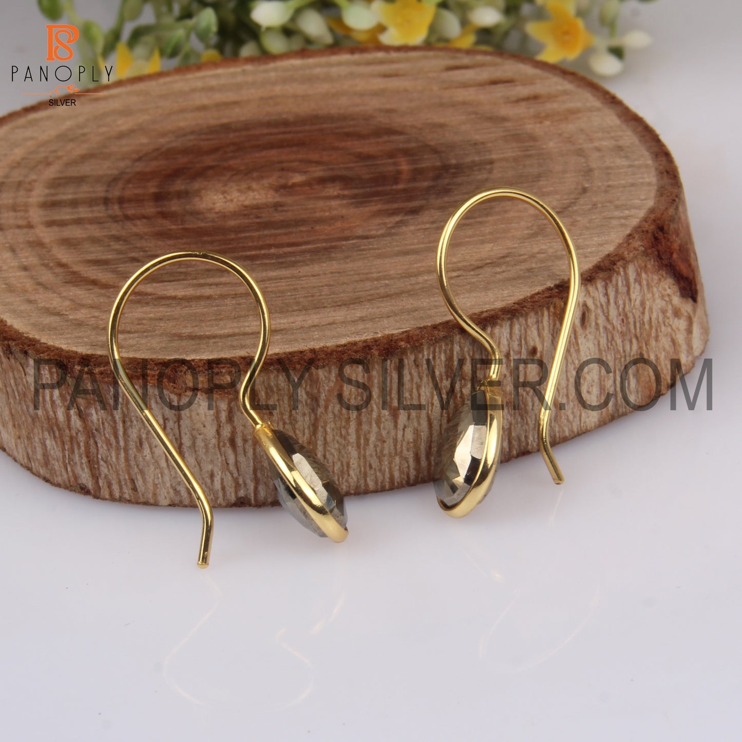 925 Quality Pyrite 14K Gold Fish Hook Earrings
