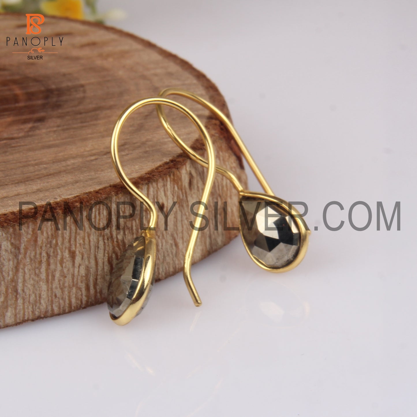 925 Quality Pyrite 14K Gold Fish Hook Earrings