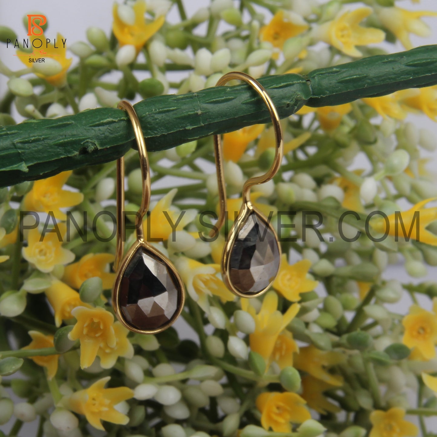 925 Quality Pyrite 14K Gold Fish Hook Earrings