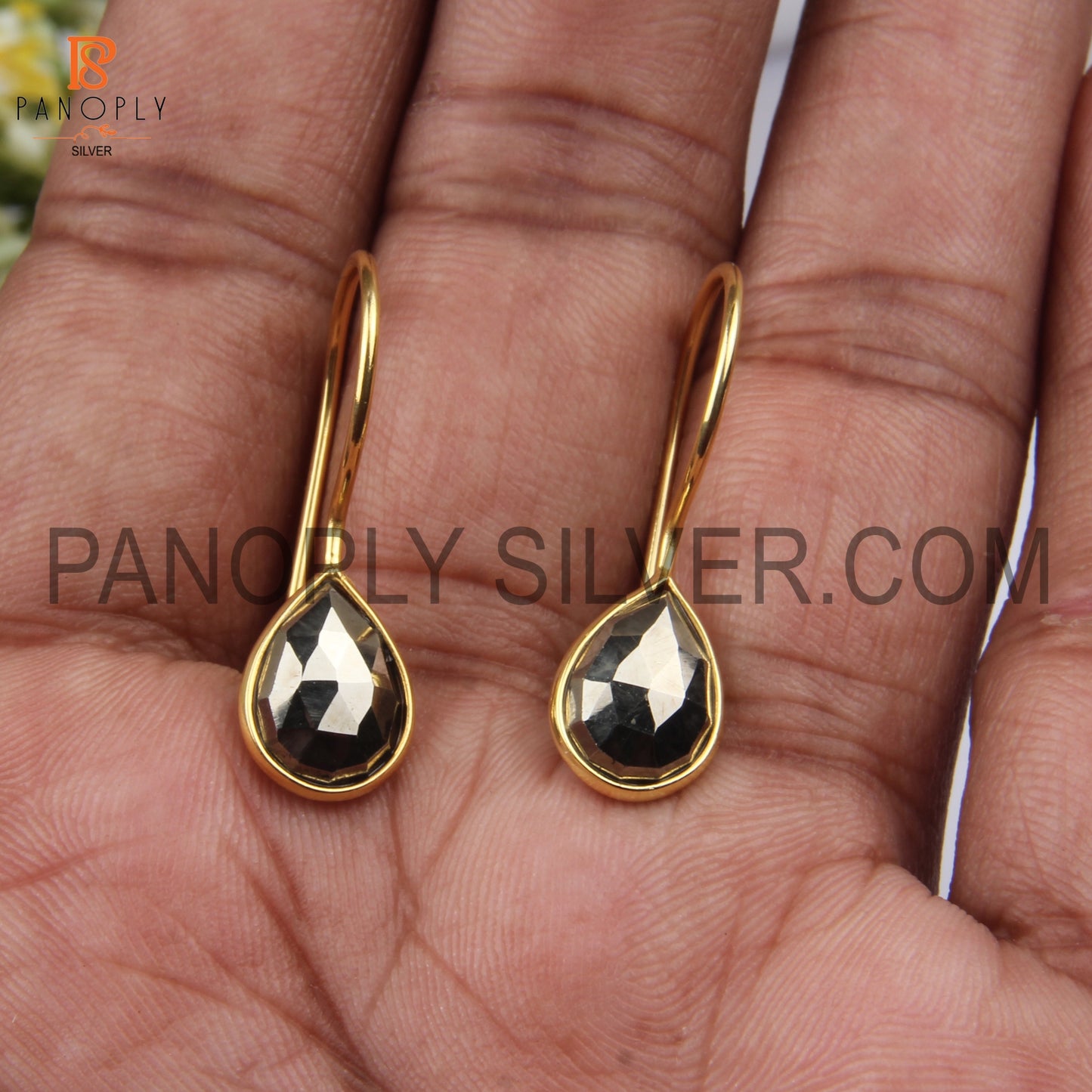 925 Quality Pyrite 14K Gold Fish Hook Earrings