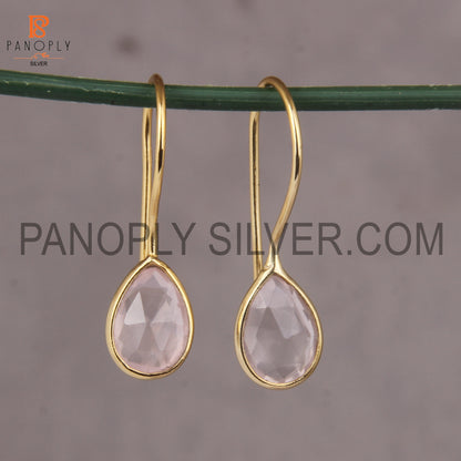 Rose Quartz 925 Quality Gold Hook Dangle Earrings