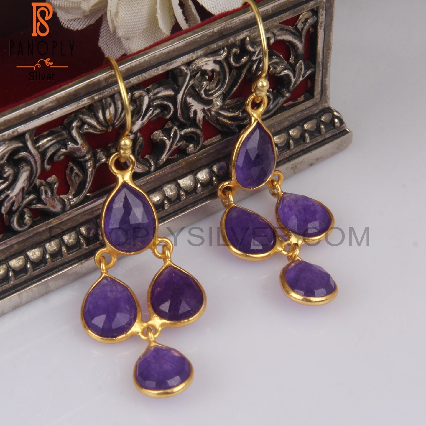18K Gold 925 Sterling Silver Purple Chandelier Earrings