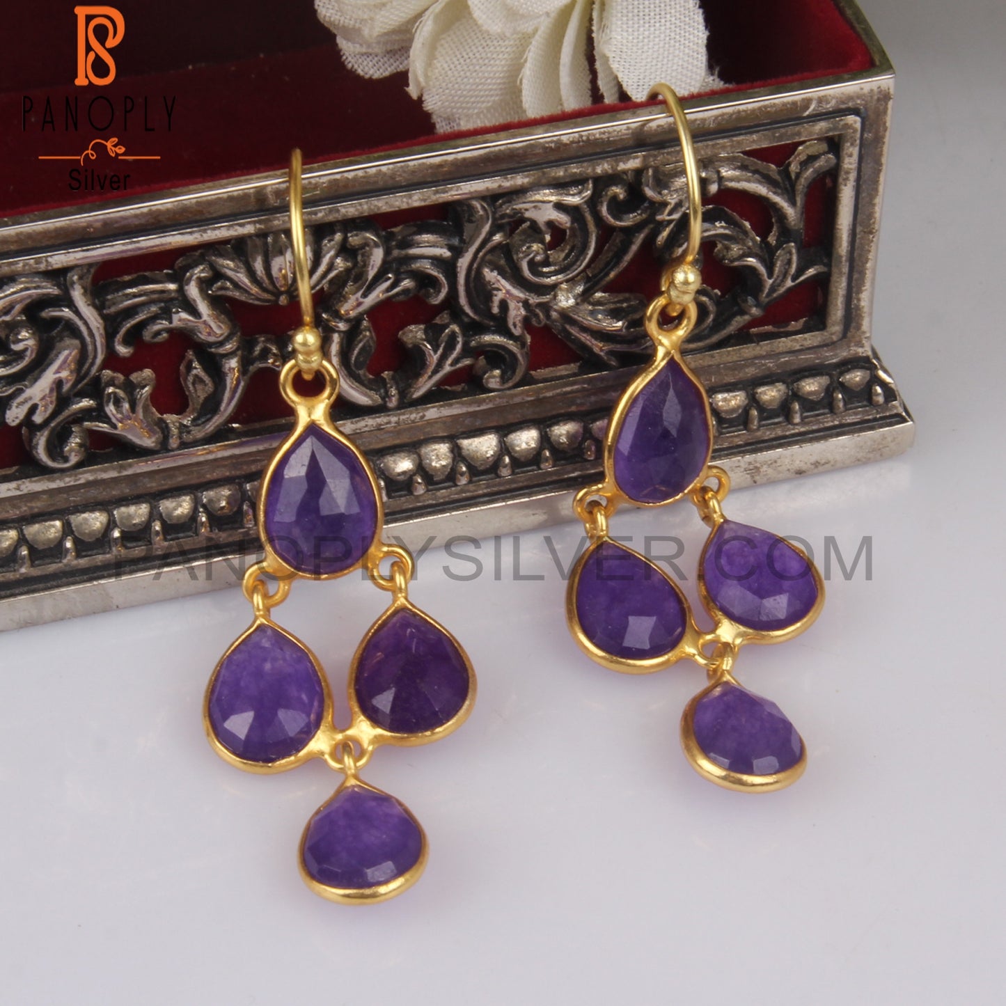 18K Gold 925 Sterling Silver Purple Chandelier Earrings