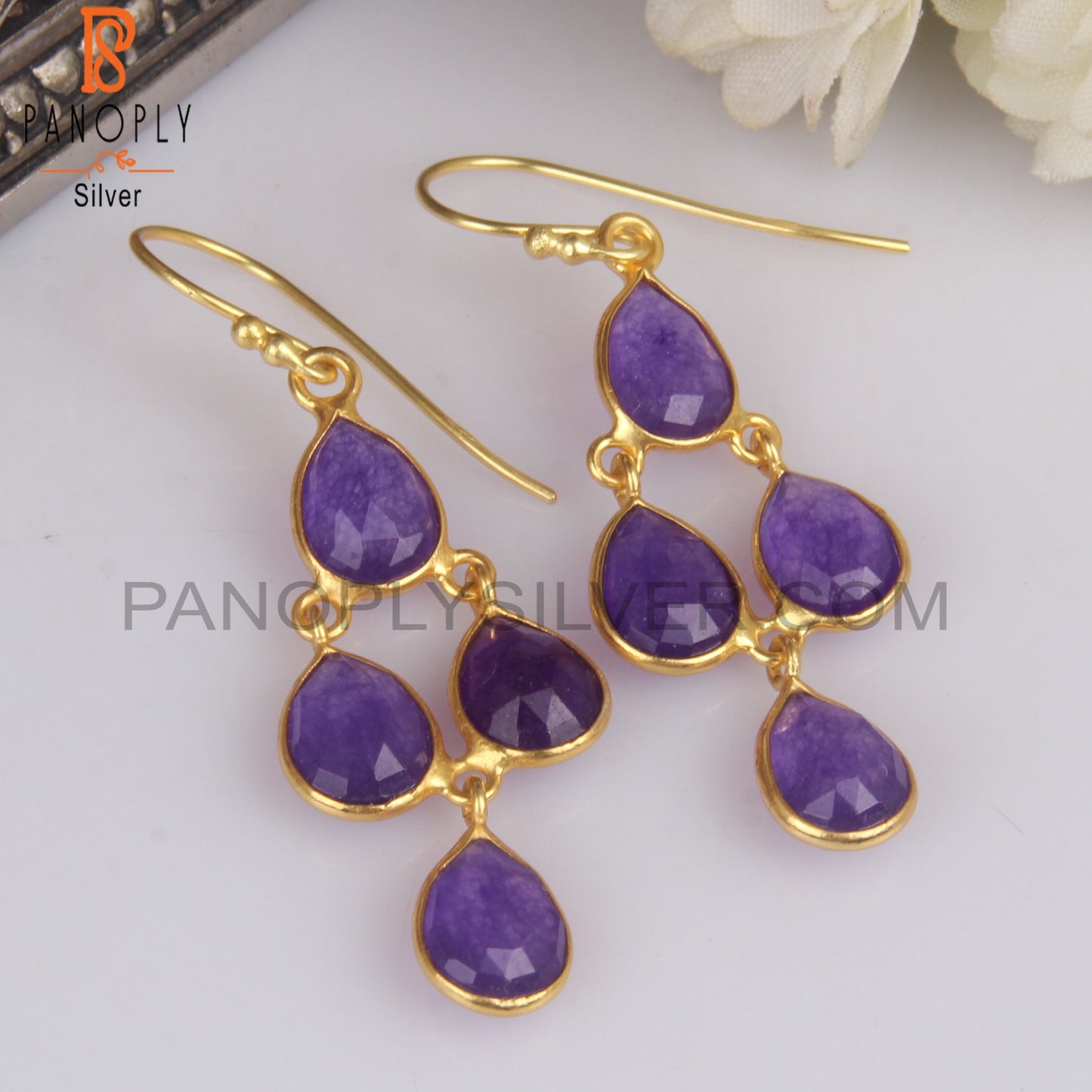 18K Gold 925 Sterling Silver Purple Chandelier Earrings