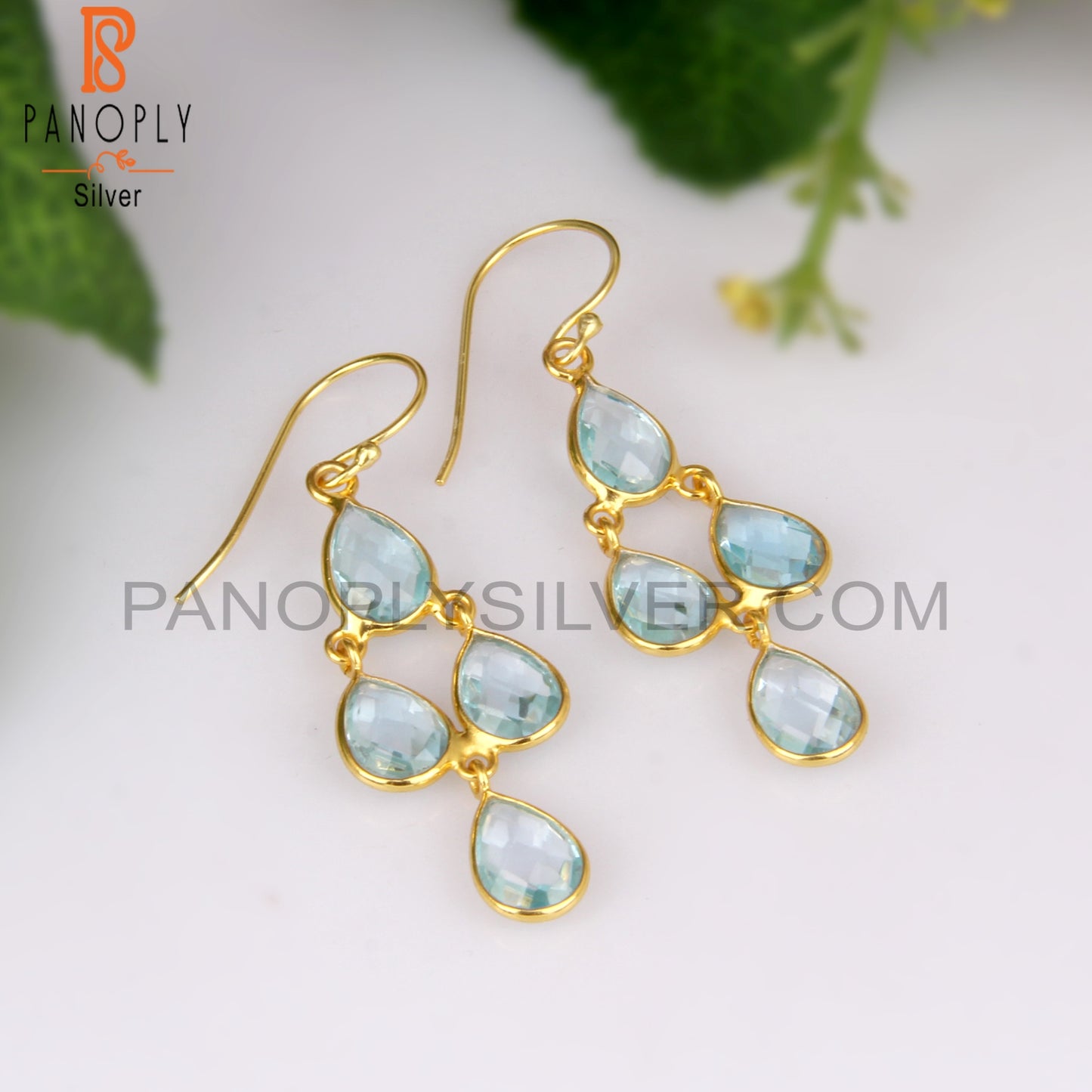 Blue Topaz Chandelier Gold Plating Wedding Earrings