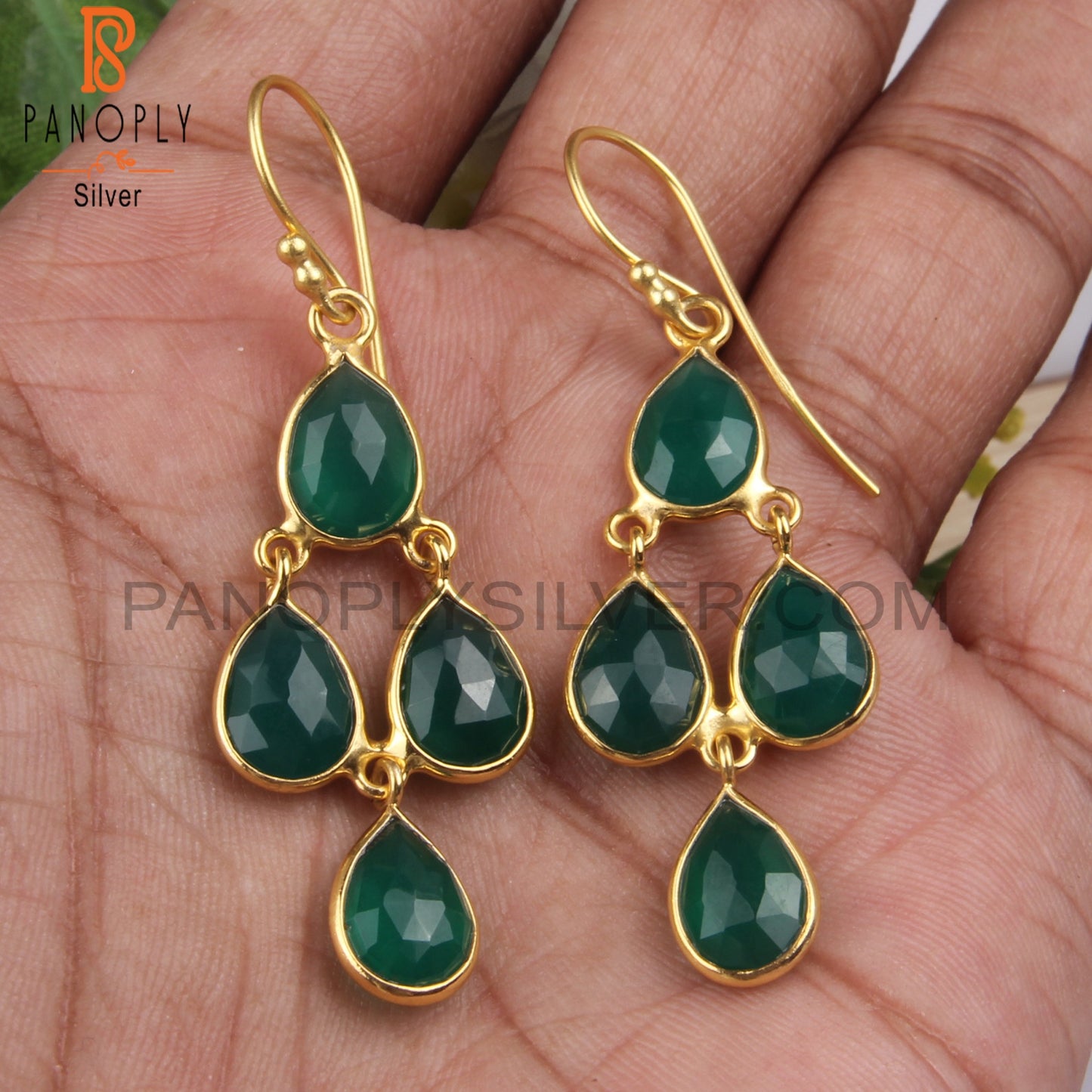 18K Gold Plated S 925 Silver Green Onyx Chandelier Earrings